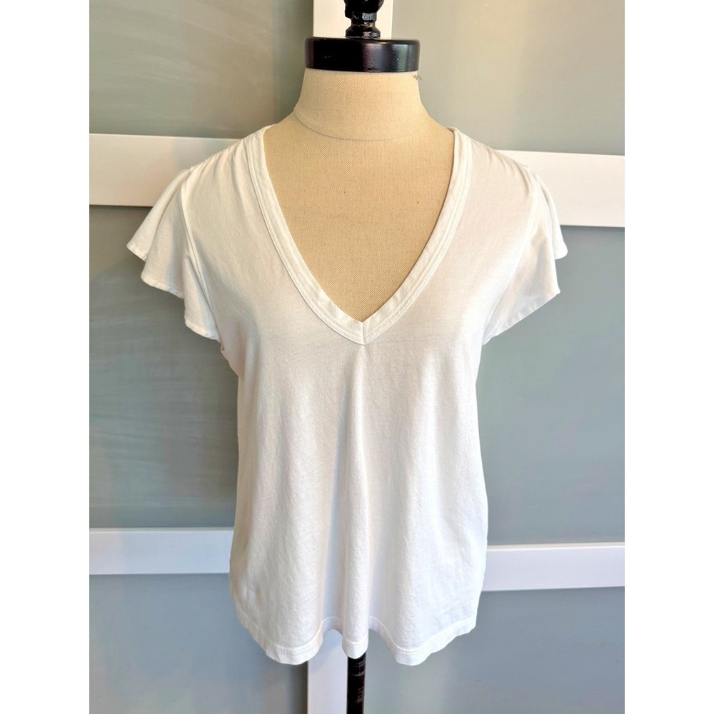 Veronica Beard Womens White V-Neck Ruffle Sleeve Tee Small $138 Retail